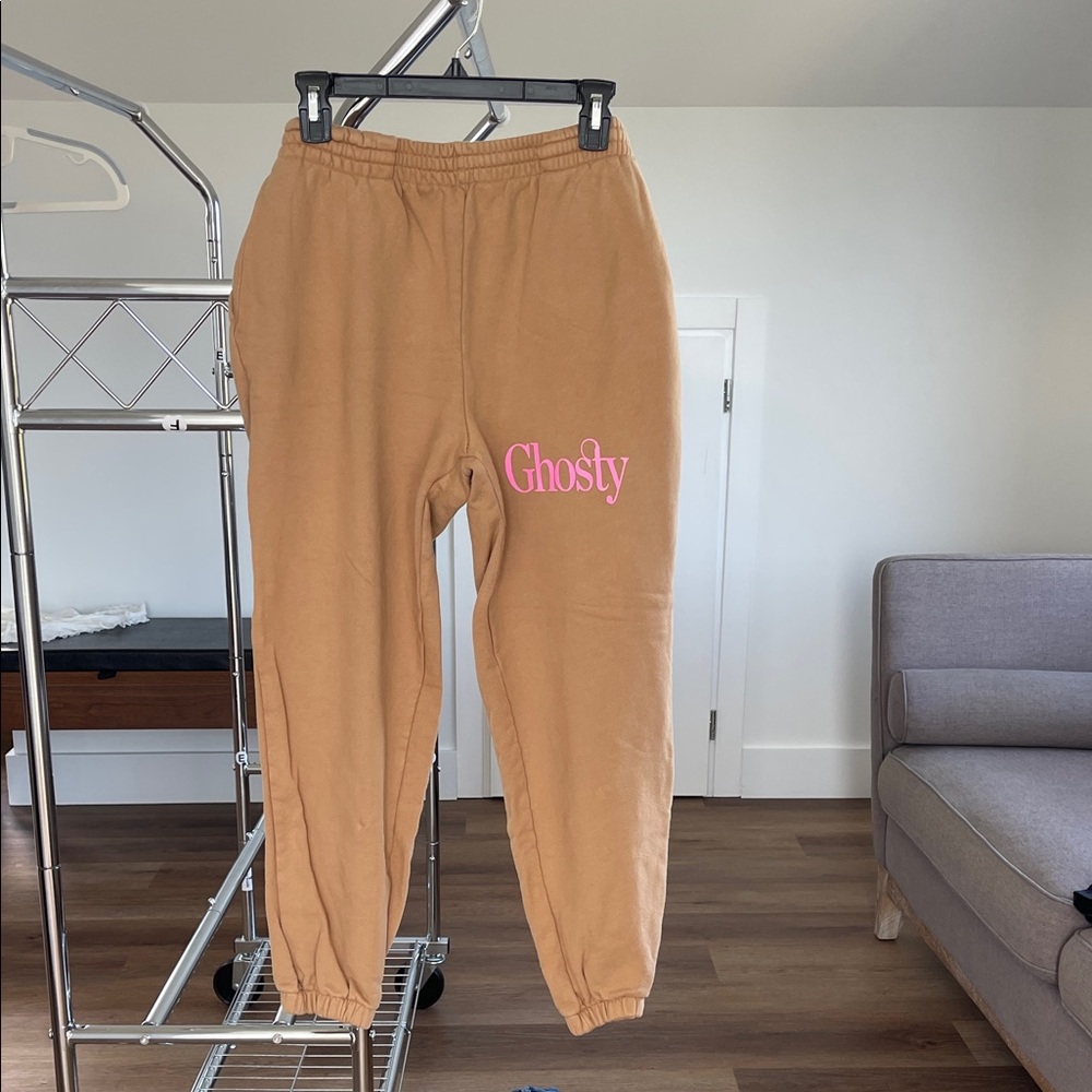 LONELY GHOST Tan Joggers with Pink Logo